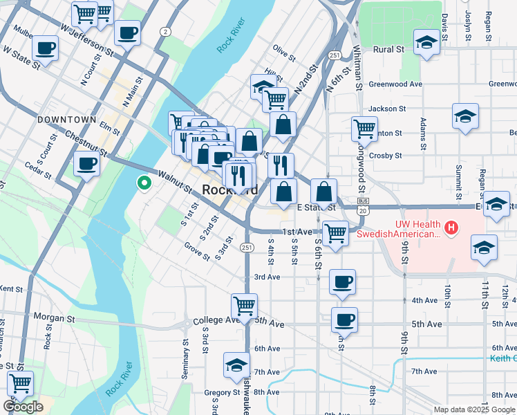 map of restaurants, bars, coffee shops, grocery stores, and more near 119 South 3rd Street in Rockford