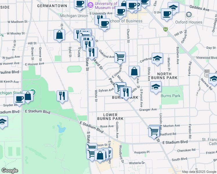 map of restaurants, bars, coffee shops, grocery stores, and more near 840 Brookwood Place in Ann Arbor