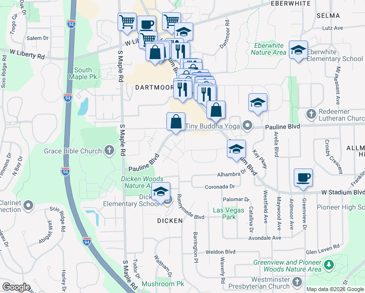 map of restaurants, bars, coffee shops, grocery stores, and more near 2021 Pauline Court in Ann Arbor