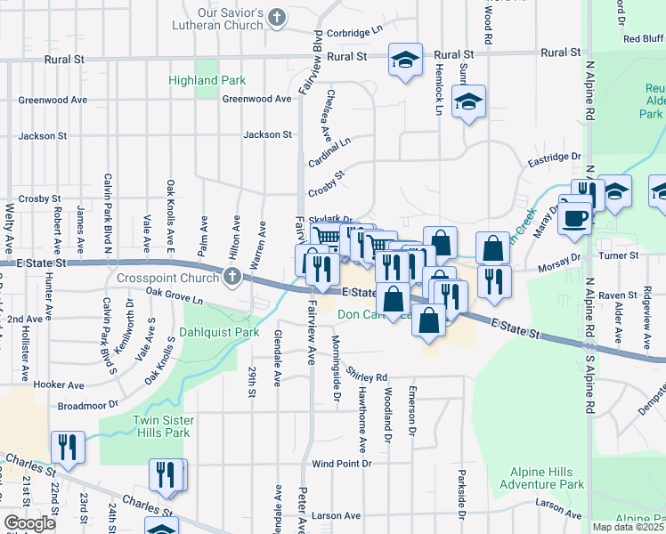 map of restaurants, bars, coffee shops, grocery stores, and more near 3570 Morsay Drive in Rockford