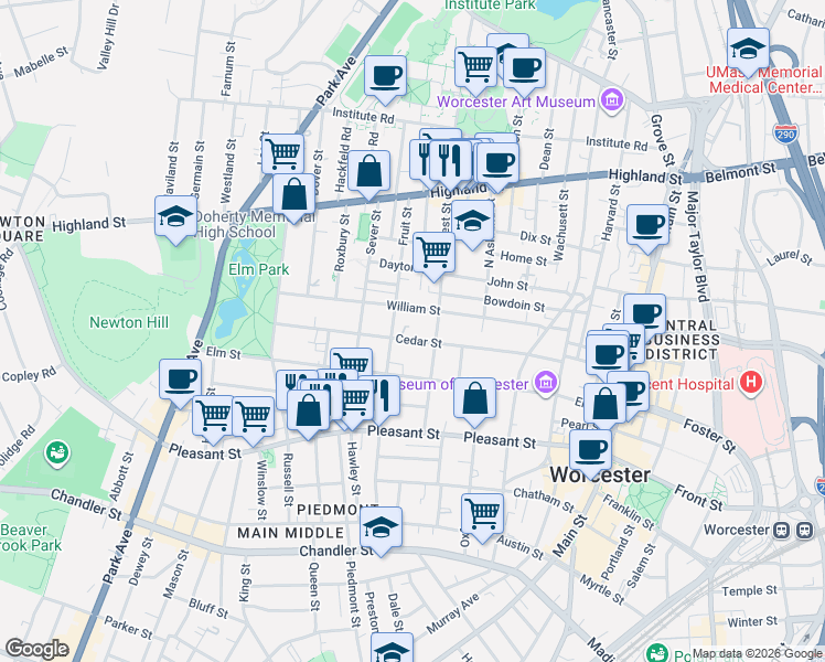map of restaurants, bars, coffee shops, grocery stores, and more near 38 Cedar Street in Worcester