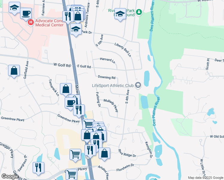 map of restaurants, bars, coffee shops, grocery stores, and more near 642 Paddock Lane in Libertyville