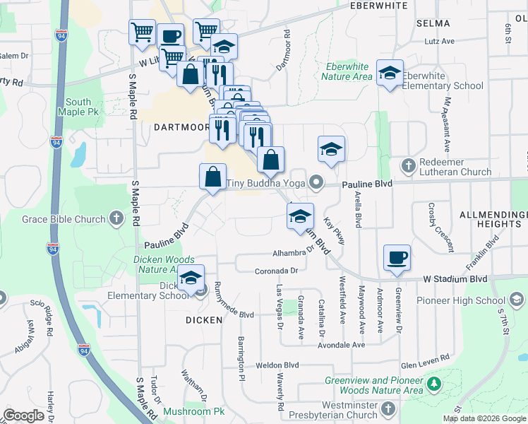 map of restaurants, bars, coffee shops, grocery stores, and more near 2004 Suffolk Street in Ann Arbor