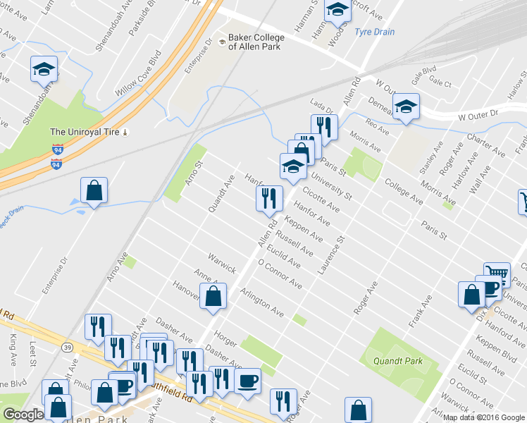 map of restaurants, bars, coffee shops, grocery stores, and more near 15547 Keppen Avenue in Allen Park