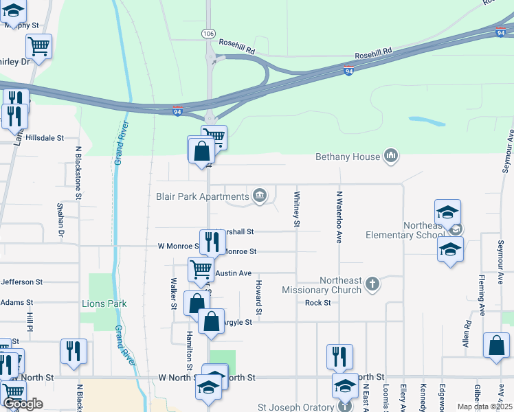 map of restaurants, bars, coffee shops, grocery stores, and more near 704 Blair Park Drive in Jackson