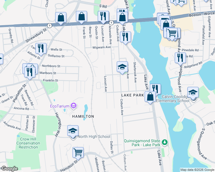 map of restaurants, bars, coffee shops, grocery stores, and more near 75 Locust Avenue in Worcester