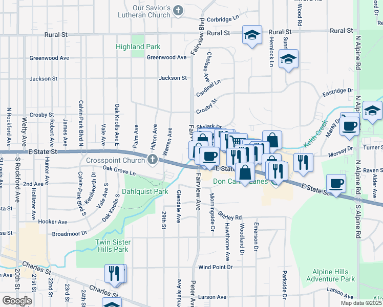 map of restaurants, bars, coffee shops, grocery stores, and more near 102 Oriole Circle in Rockford