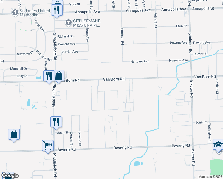 map of restaurants, bars, coffee shops, grocery stores, and more near 28582 North Maple Street in Romulus