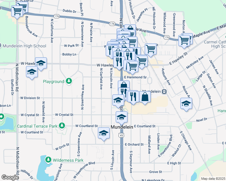 map of restaurants, bars, coffee shops, grocery stores, and more near 233 North Lincoln Avenue in Mundelein