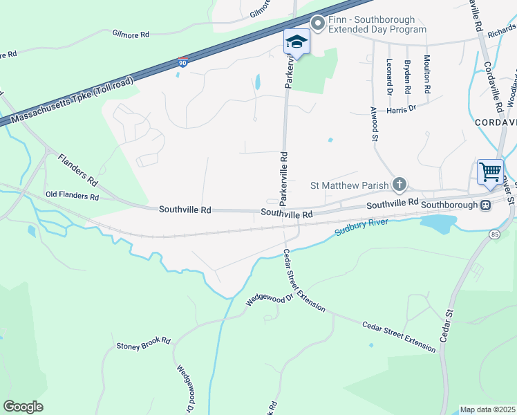 map of restaurants, bars, coffee shops, grocery stores, and more near 147 Southville Road in Southborough