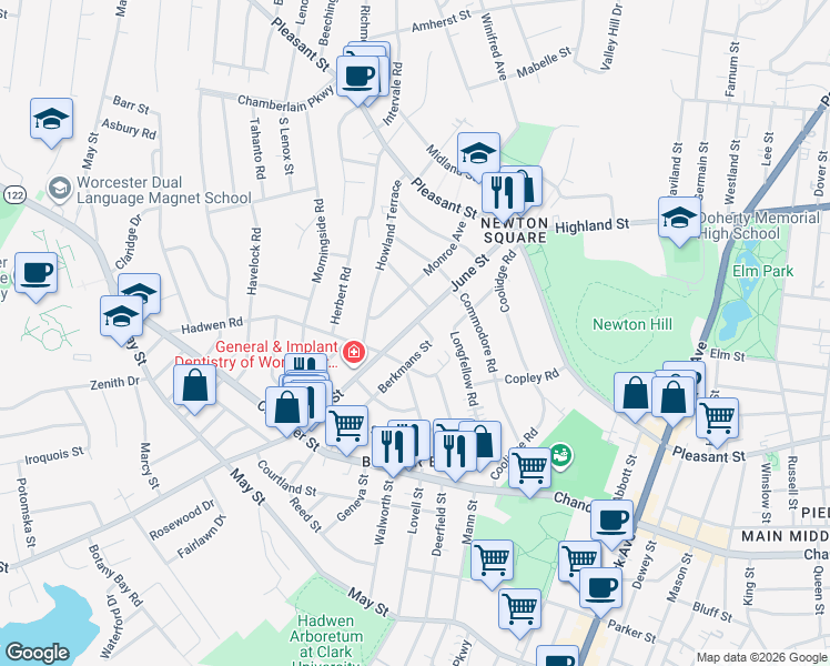 map of restaurants, bars, coffee shops, grocery stores, and more near 58 June Street in Worcester