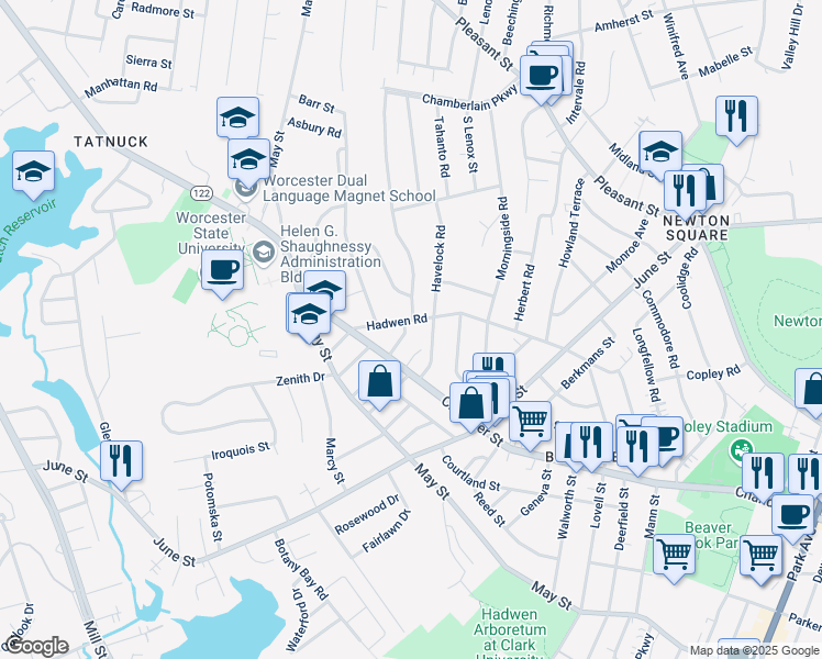 map of restaurants, bars, coffee shops, grocery stores, and more near 79 Hadwen Rd in Worcester