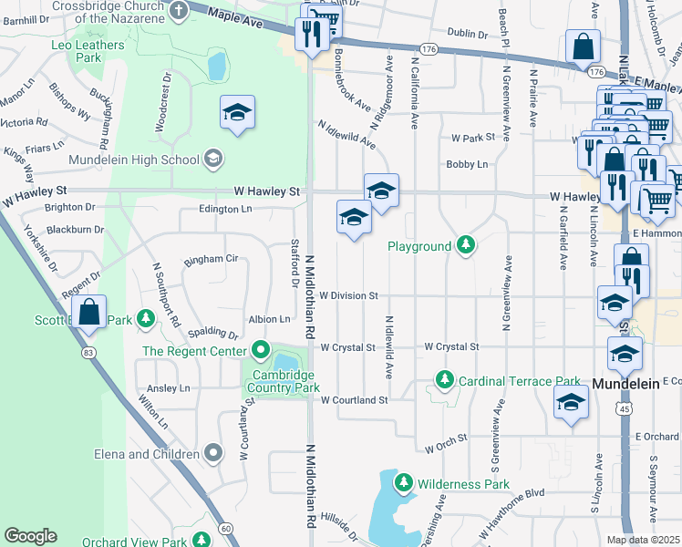 map of restaurants, bars, coffee shops, grocery stores, and more near 237 North Fairlawn Avenue in Mundelein
