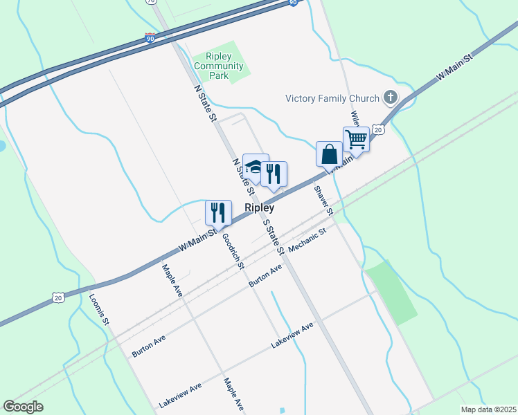 map of restaurants, bars, coffee shops, grocery stores, and more near in Ripley
