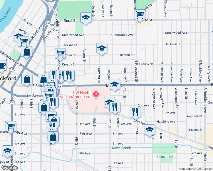 map of restaurants, bars, coffee shops, grocery stores, and more near 1422 East State Street in Rockford