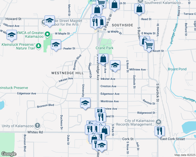 map of restaurants, bars, coffee shops, grocery stores, and more near South Westnedge Avenue in Kalamazoo