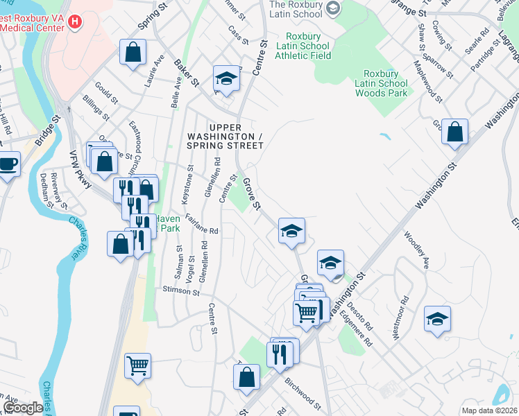map of restaurants, bars, coffee shops, grocery stores, and more near 52 Grove St in Boston