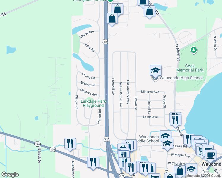 map of restaurants, bars, coffee shops, grocery stores, and more near 425 Farmhill Circle in Wauconda