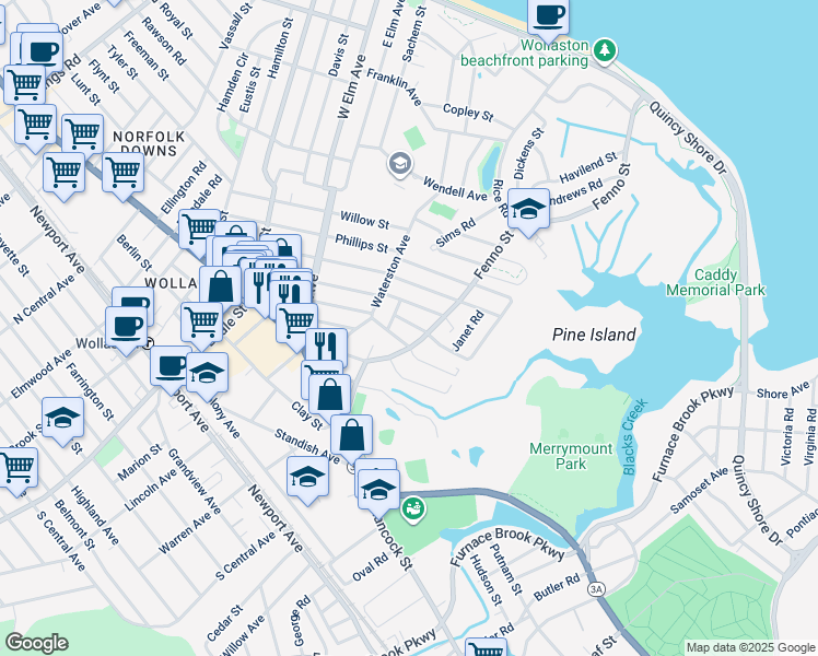 map of restaurants, bars, coffee shops, grocery stores, and more near 15 Florence Street in Quincy