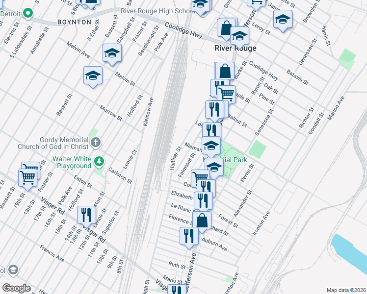 map of restaurants, bars, coffee shops, grocery stores, and more near 197 Haltiner Street in River Rouge