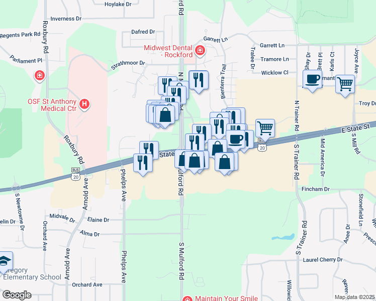 map of restaurants, bars, coffee shops, grocery stores, and more near East State Street in Rockford