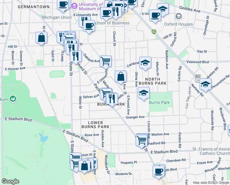 map of restaurants, bars, coffee shops, grocery stores, and more near 1129 Michigan Avenue in Ann Arbor