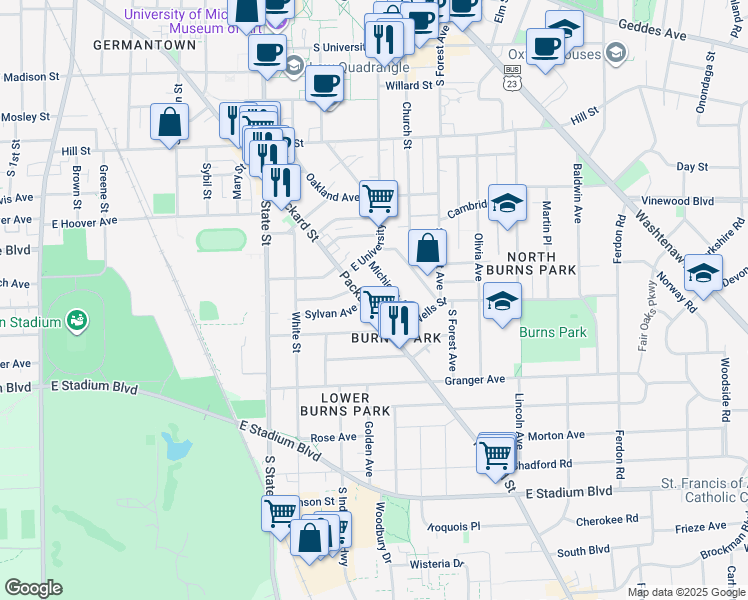 map of restaurants, bars, coffee shops, grocery stores, and more near 1033 Packard Street in Ann Arbor