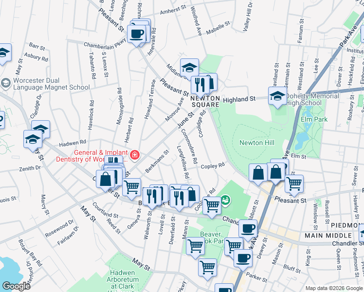 map of restaurants, bars, coffee shops, grocery stores, and more near 98 Longfellow Road in Worcester