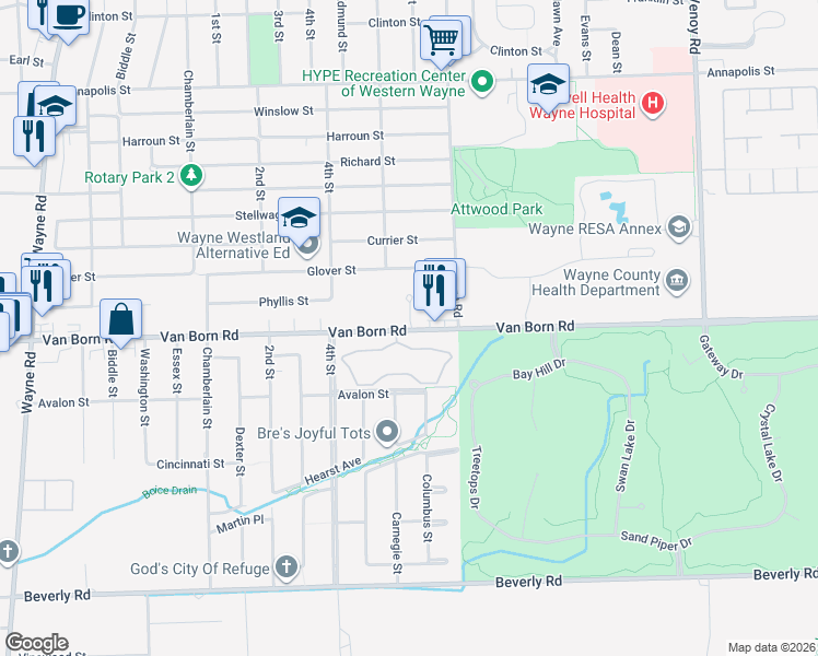 map of restaurants, bars, coffee shops, grocery stores, and more near 5750 Southridge Drive in Wayne