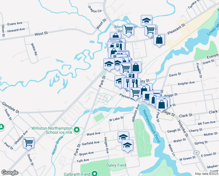 map of restaurants, bars, coffee shops, grocery stores, and more near 9 Payson Avenue in Easthampton