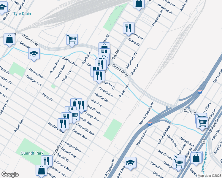 map of restaurants, bars, coffee shops, grocery stores, and more near 1859 Charter Street in Lincoln Park