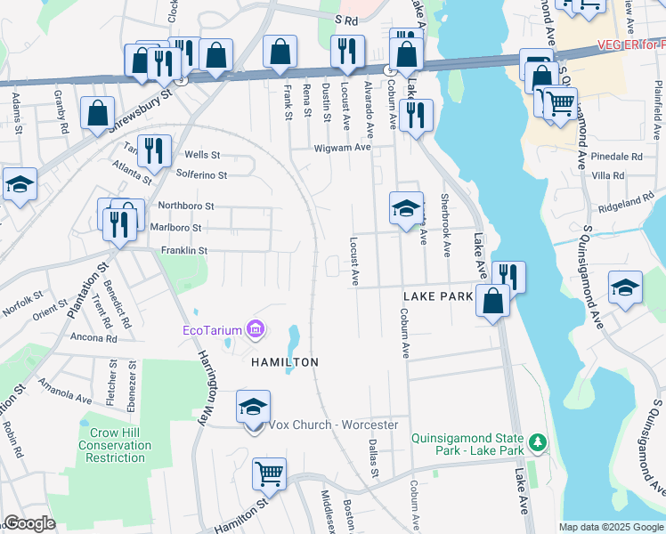 map of restaurants, bars, coffee shops, grocery stores, and more near 80 Locust Avenue in Worcester