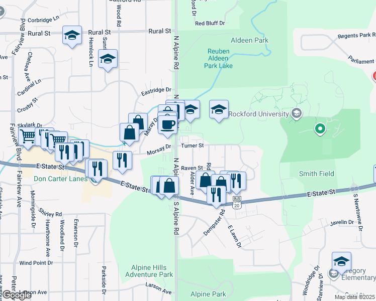 map of restaurants, bars, coffee shops, grocery stores, and more near 232 Alder Avenue in Rockford