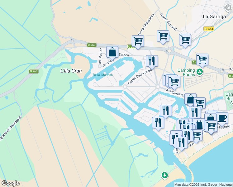 map of restaurants, bars, coffee shops, grocery stores, and more near 6 Carrer Fluvià in Roses