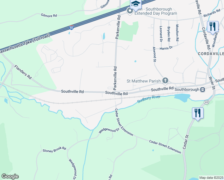 map of restaurants, bars, coffee shops, grocery stores, and more near 258 Parkerville Road in Southborough