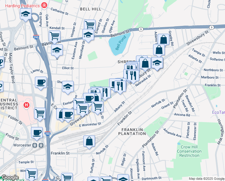 map of restaurants, bars, coffee shops, grocery stores, and more near 218 Shrewsbury Street in Worcester
