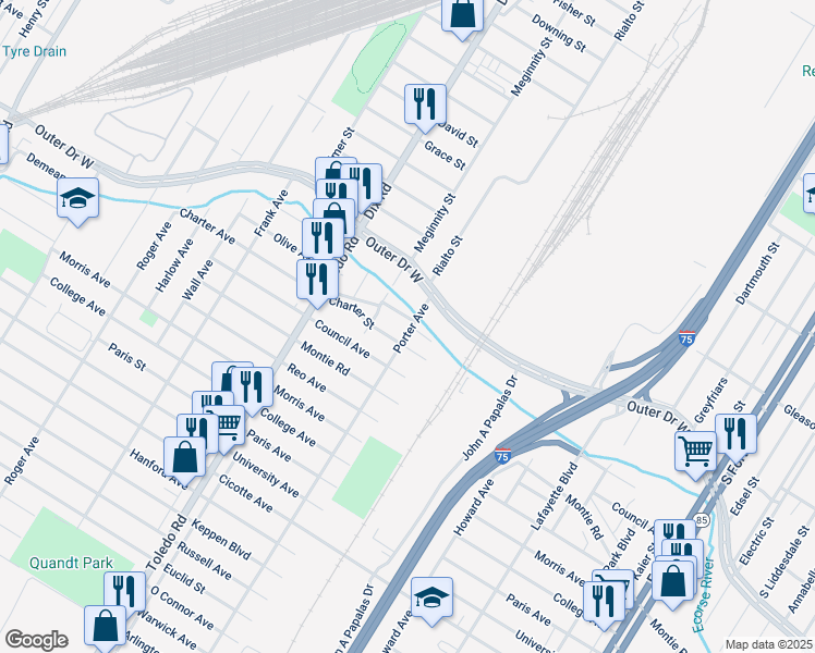 map of restaurants, bars, coffee shops, grocery stores, and more near 1815 Olive Avenue in Lincoln Park