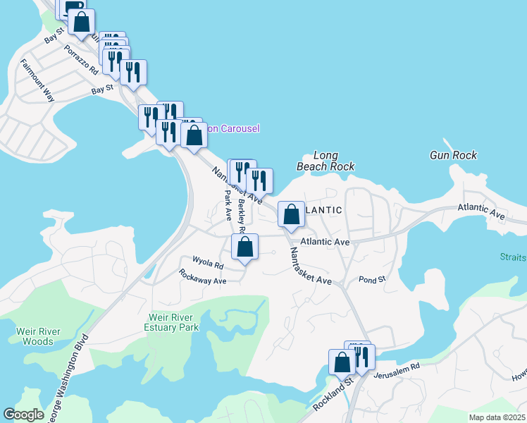 map of restaurants, bars, coffee shops, grocery stores, and more near 121 Nantasket Avenue in Hull