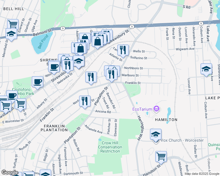 map of restaurants, bars, coffee shops, grocery stores, and more near 2 Emerson Street in Worcester