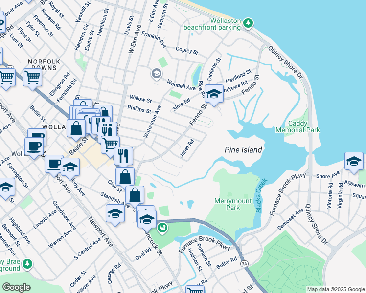 map of restaurants, bars, coffee shops, grocery stores, and more near 139 Fenno Street in Quincy
