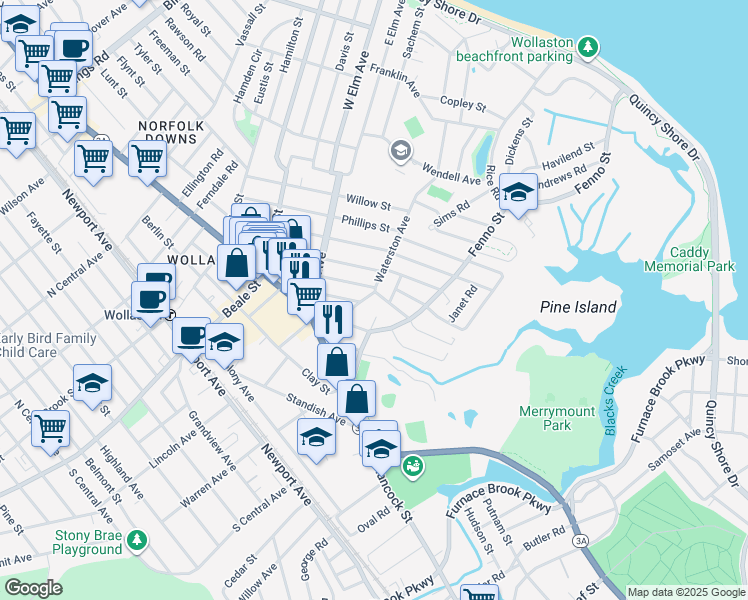 map of restaurants, bars, coffee shops, grocery stores, and more near 35A Waterston Avenue in Quincy