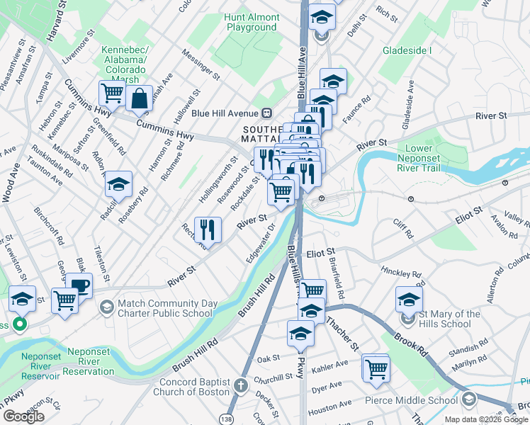 map of restaurants, bars, coffee shops, grocery stores, and more near 535-559 River Street in Boston