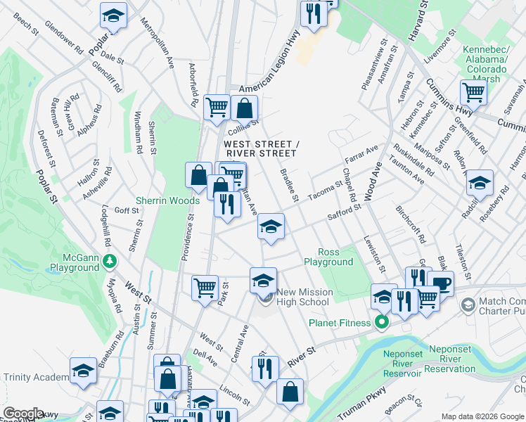 map of restaurants, bars, coffee shops, grocery stores, and more near 50 Thatcher Street in Boston