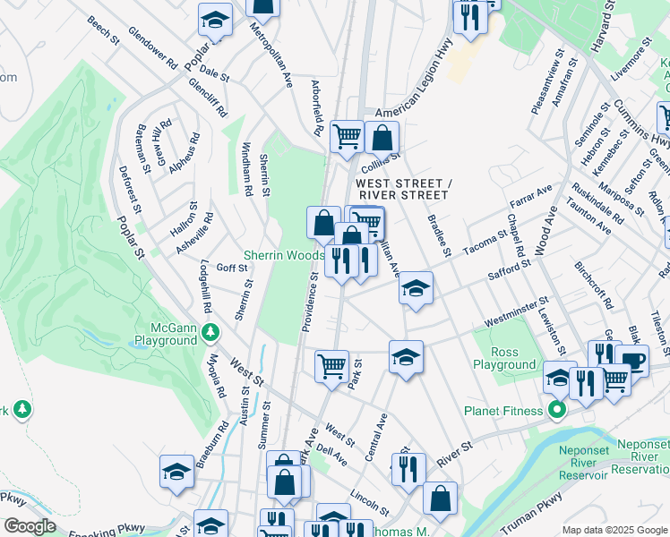 map of restaurants, bars, coffee shops, grocery stores, and more near 957 Hyde Park Avenue in Boston