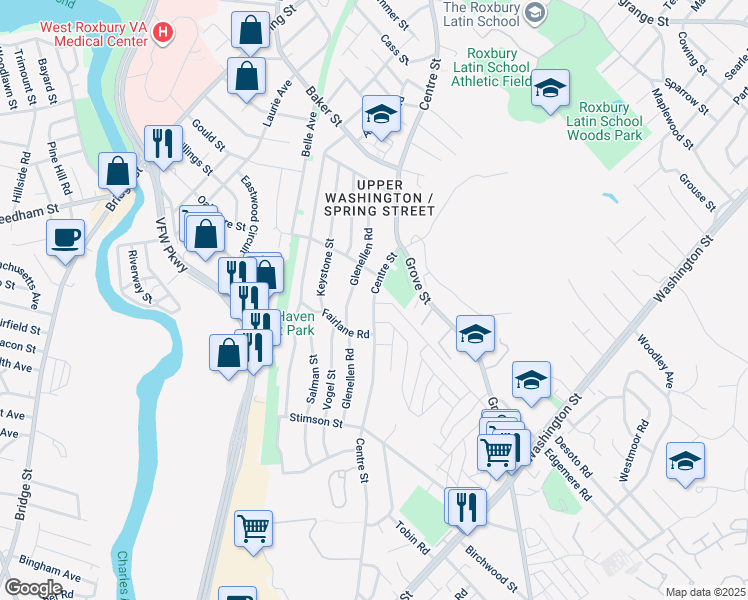 map of restaurants, bars, coffee shops, grocery stores, and more near 2449 Centre Street in Boston