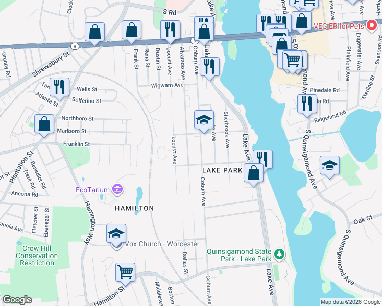 map of restaurants, bars, coffee shops, grocery stores, and more near 160 Coburn Avenue in Worcester