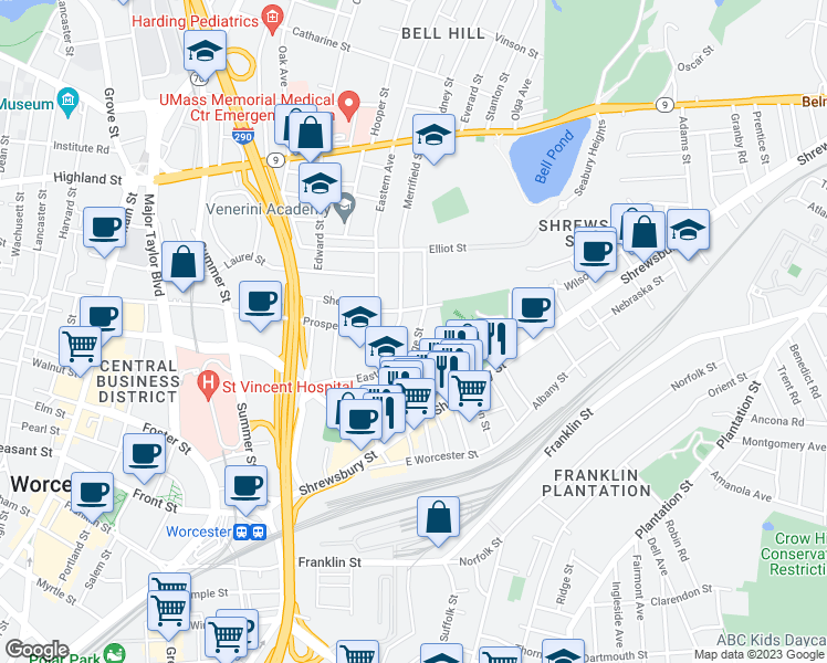 map of restaurants, bars, coffee shops, grocery stores, and more near 75 Gage Street in Worcester
