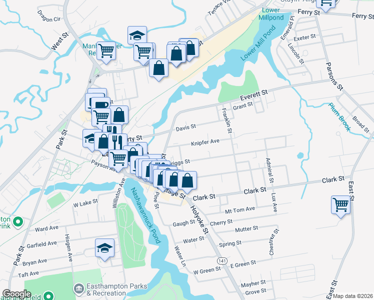 map of restaurants, bars, coffee shops, grocery stores, and more near 18 Clifford Street in Easthampton