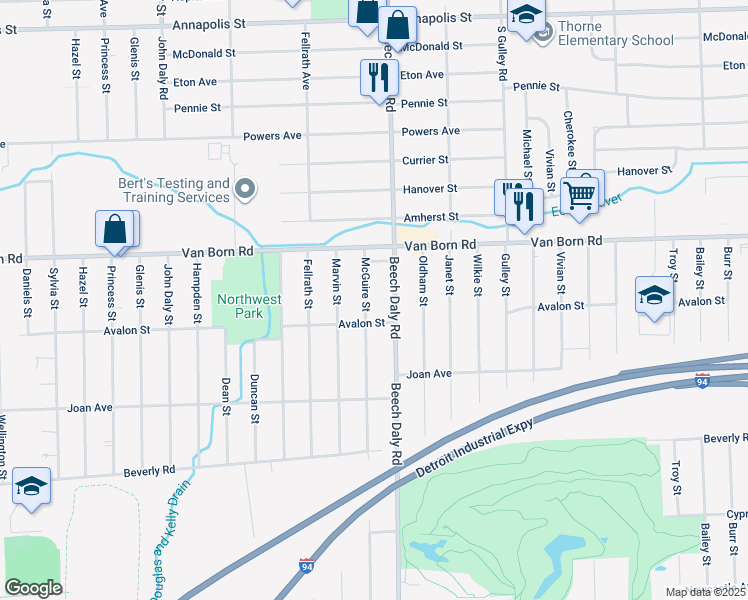 map of restaurants, bars, coffee shops, grocery stores, and more near 5925 McGuire Street in Taylor