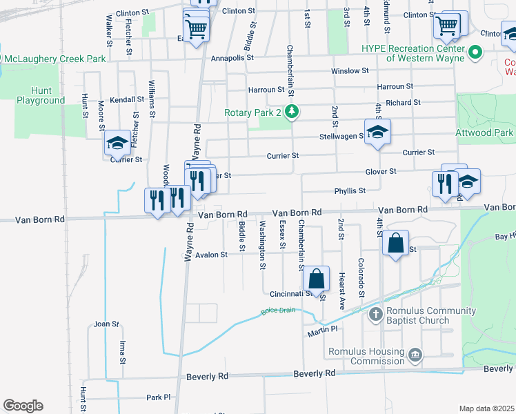 map of restaurants, bars, coffee shops, grocery stores, and more near 35330 Van Born Road in Wayne